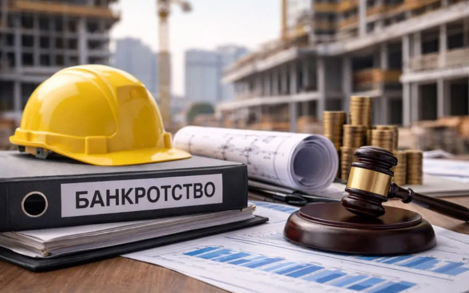 Папка с надписью «Банкротство», судейский молоток и документы