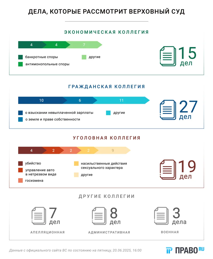 Инфографика Право.ру: дела, которые рассмотрит Верховный суд (данные на 20.06.2025)