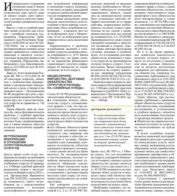 Фрагмент газетной полосы: общее и личное имущество супругов, долговые обязательства супругов и расходы на «семейные нужды»